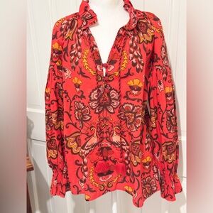 Cara Cara Luxe Bohemian Cotton Floral Red Women's PeasantTop Sz L